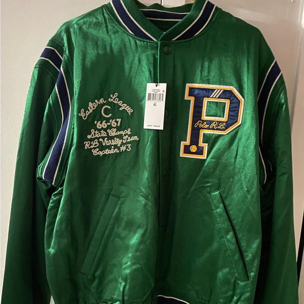 For SALE….NWT Satin Varsity Letterman $350 XL 🥳💙